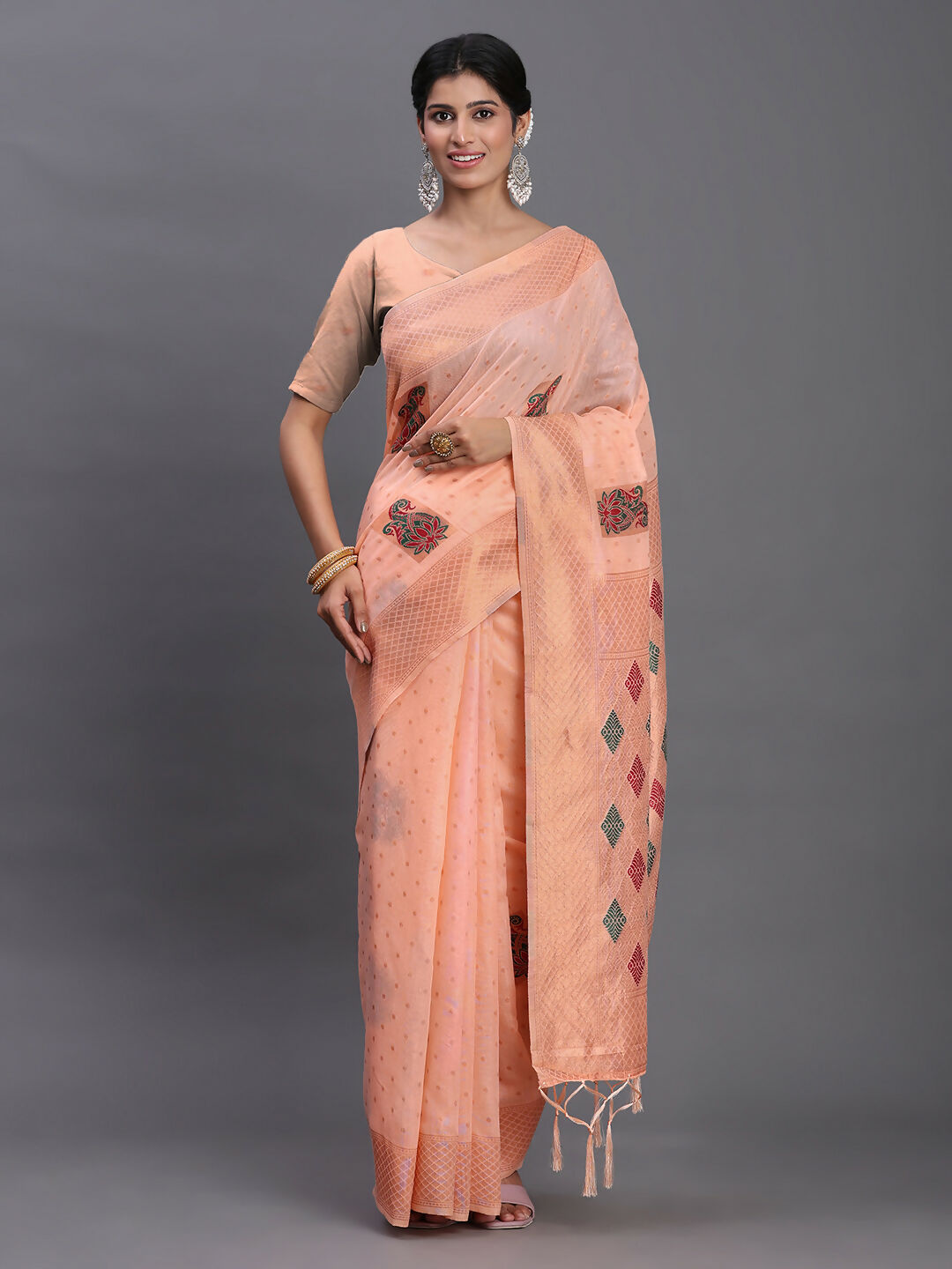Peach Linen Cotton Saree with Matching Blouse Piece