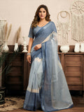 Cream and blue striped linen ready-to-wear saree paired with a navy blue blouse