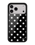 Black iPhone case with a white polka dot pattern and a silver wf emblem on a white background.