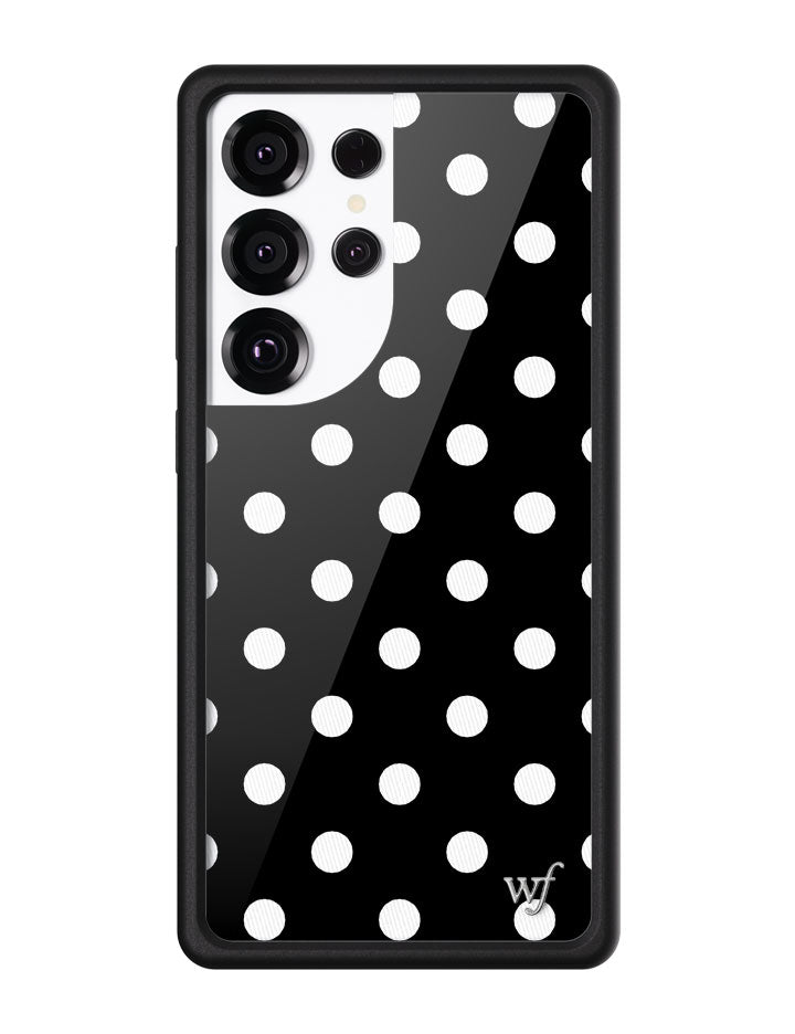A black Samsung Galaxy phone case with a white polka dot pattern and a silver wf emblem.