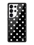 A black Samsung Galaxy phone case with a white polka dot pattern and a silver wf emblem.