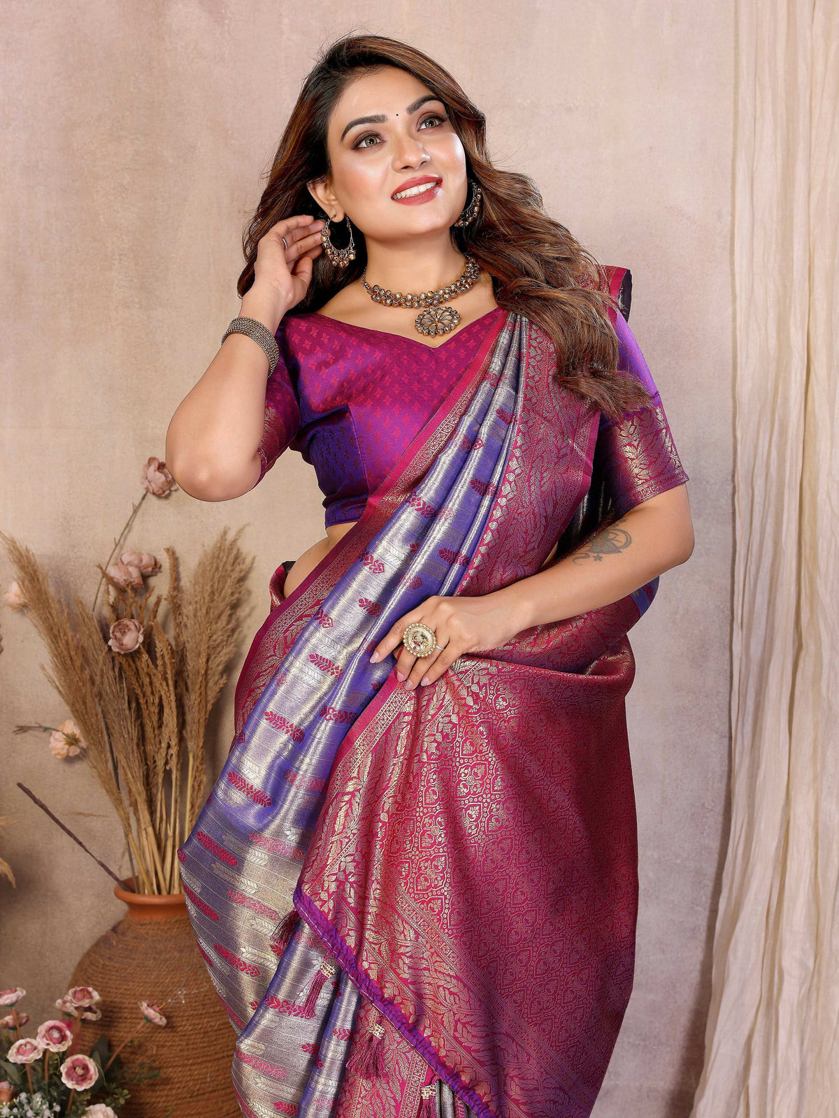 Purple Tissue Silk Paithani Woven Saree with Matching Blouse Piece