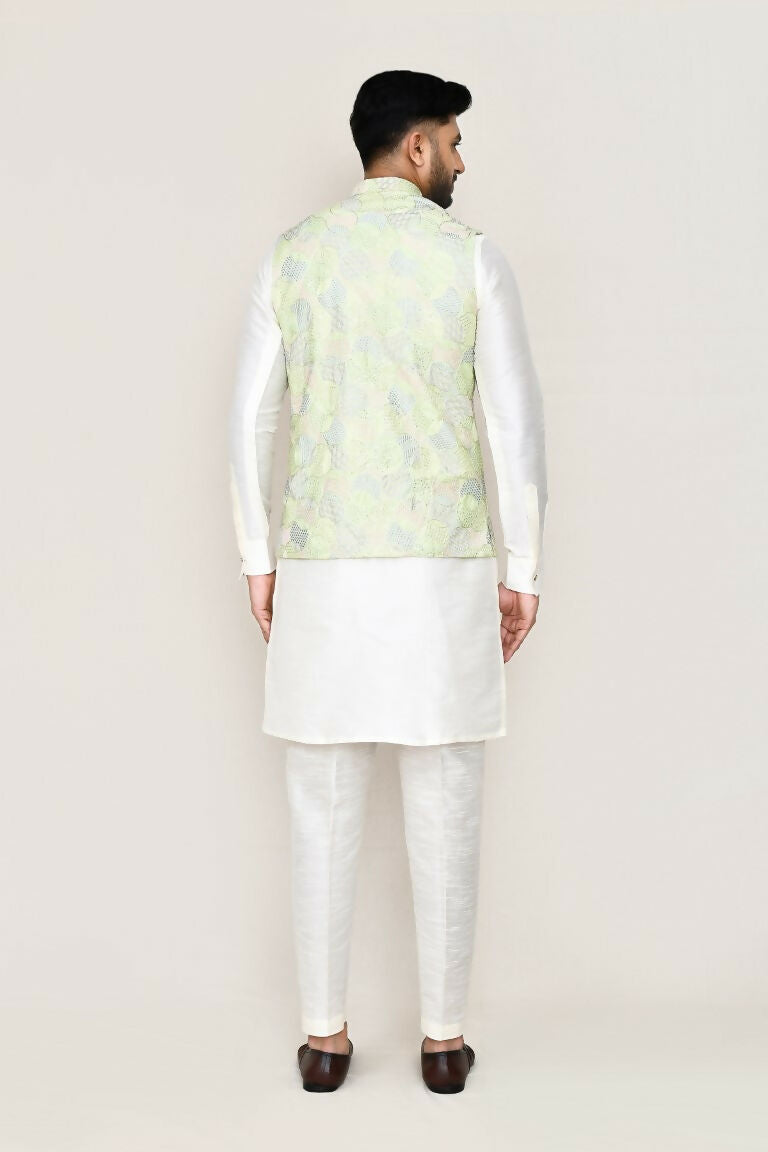 Men's Green Art Silk Embroidered Ethnic Jacket for Weddings
