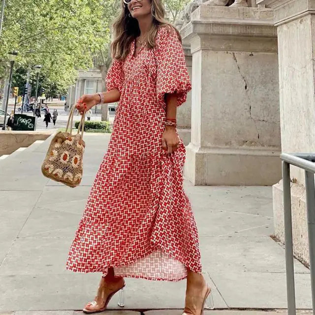 Women's Diamond Print Maxi Dress with V-Neck and Puff Sleeves - Image 29