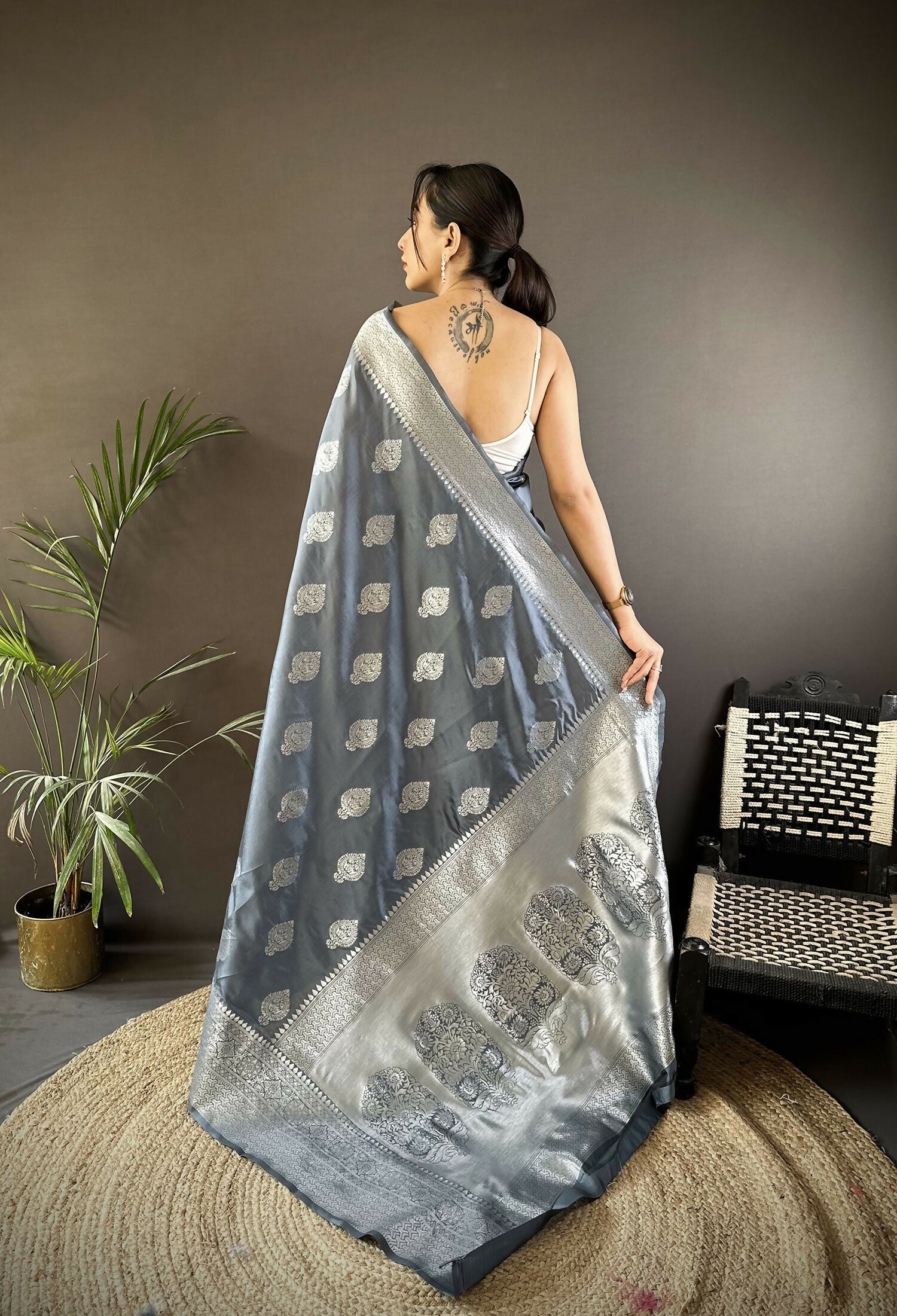 Grey Floral Motifs Soft Silk Banarasi Saree