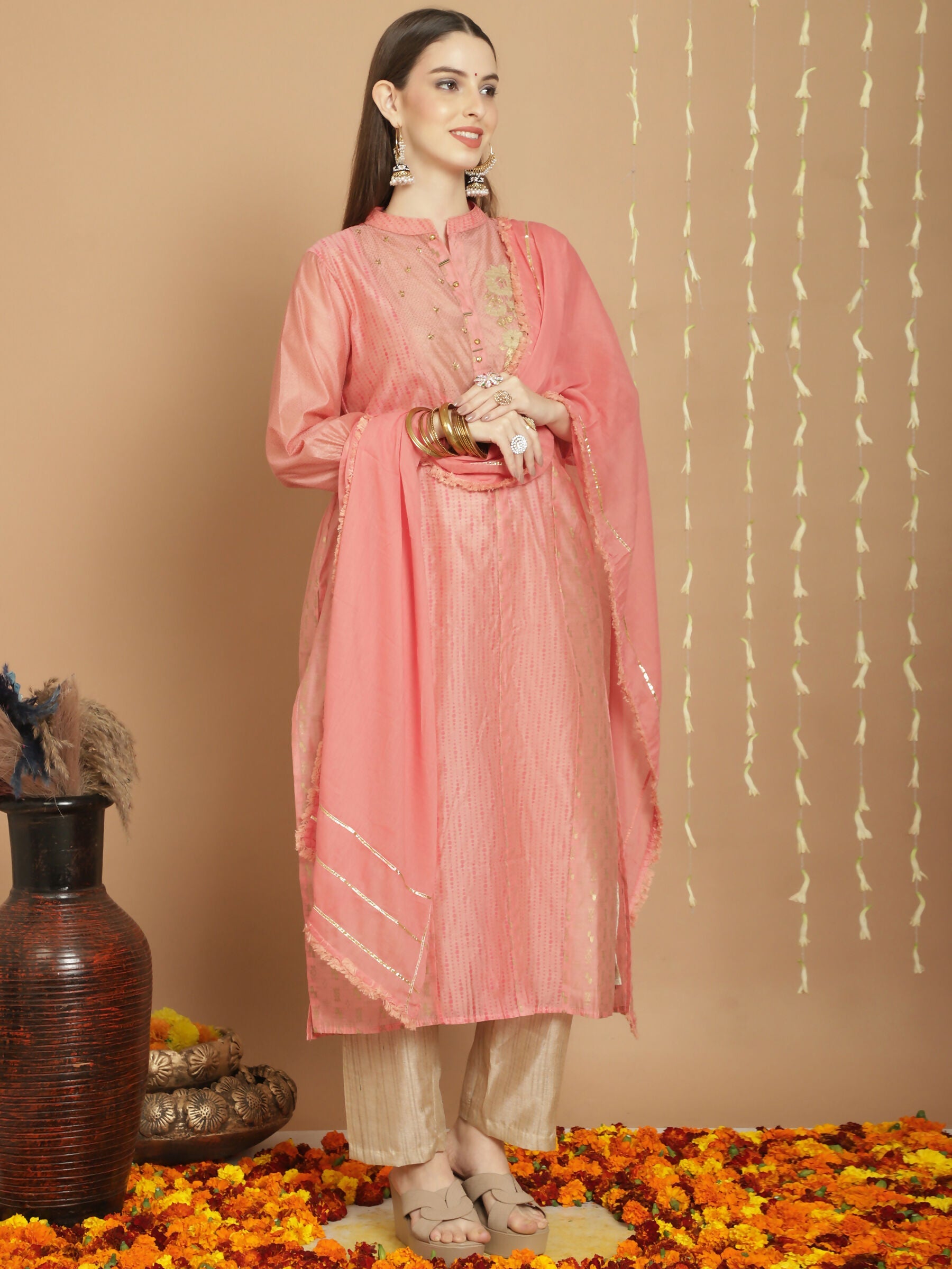 Peach Chanderi Silk A-Line Kurta Set with Jardoshi Embroidery