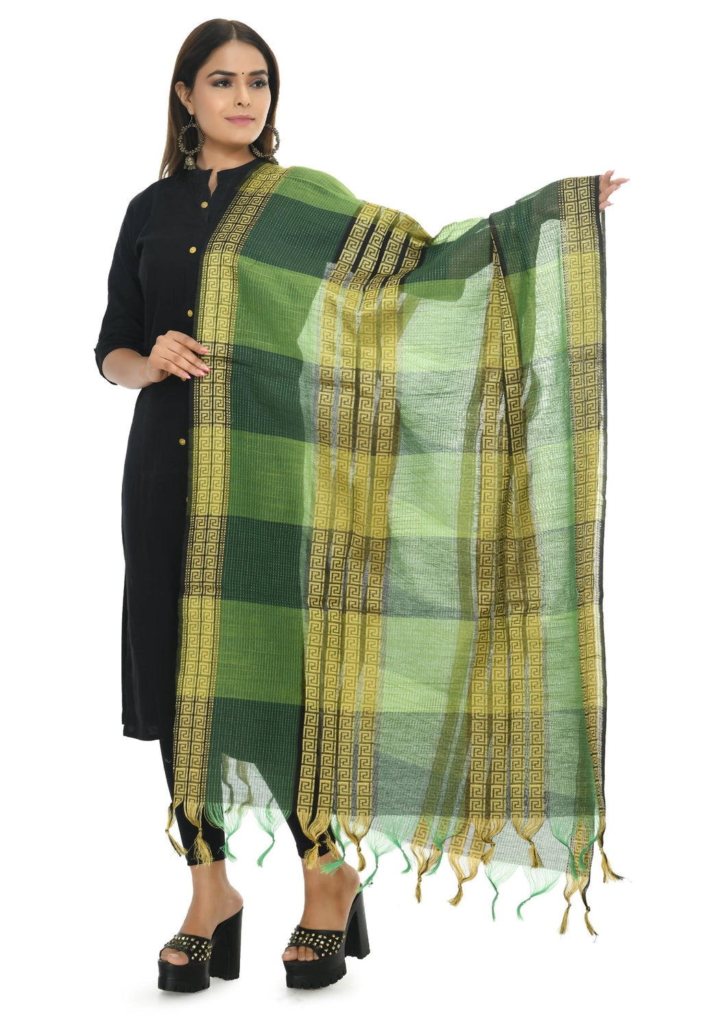 Green Tone Handloom Cotton Dupatta - Elegant Ethnic Scarf