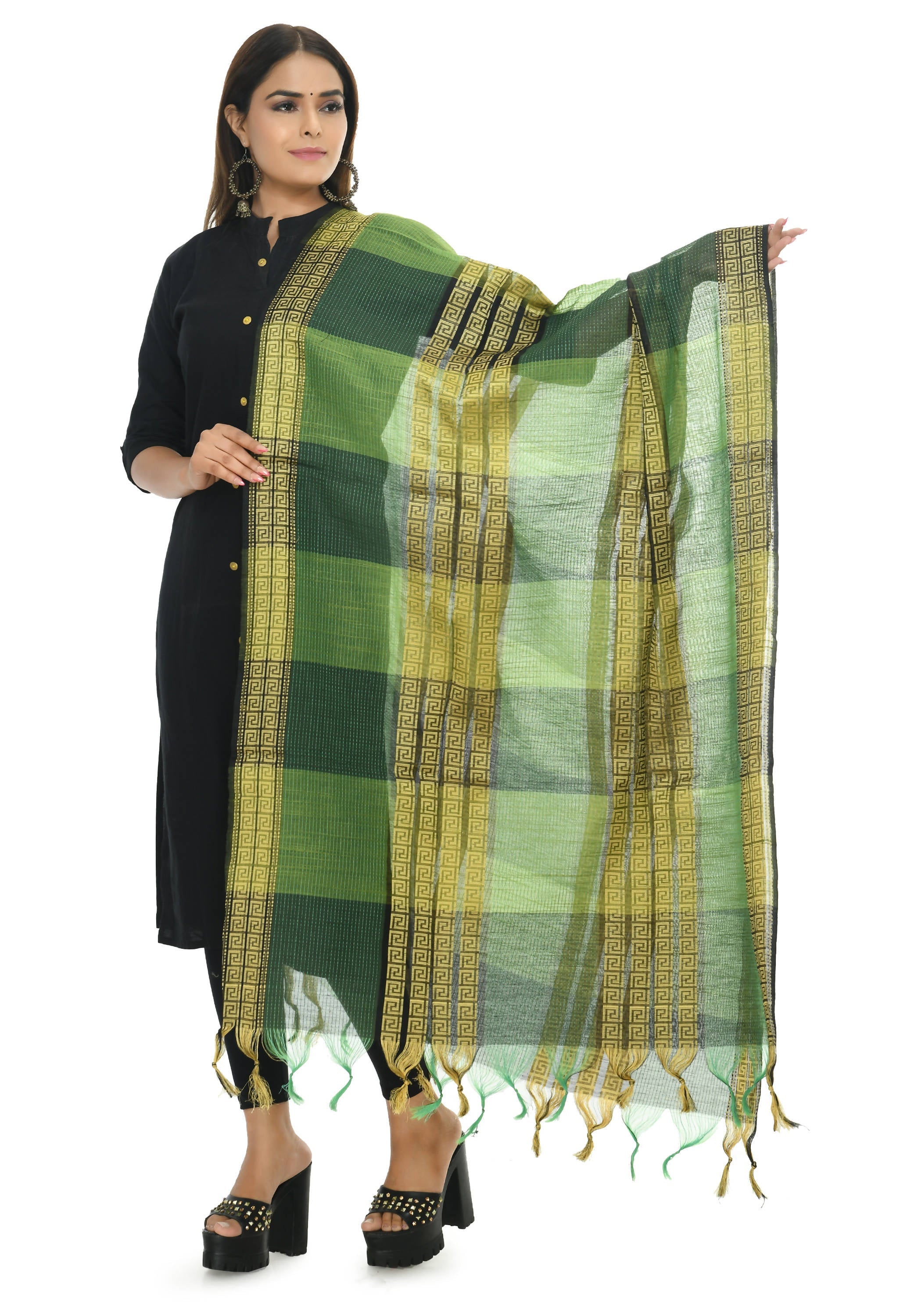 Green Tone Handloom Cotton Dupatta - Elegant Ethnic Scarf