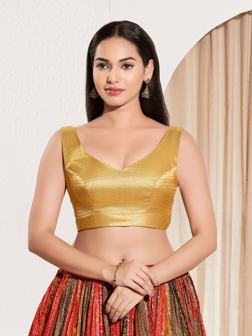 Yellow gold mulberry silk sleeveless blouse with sweetheart neckline
