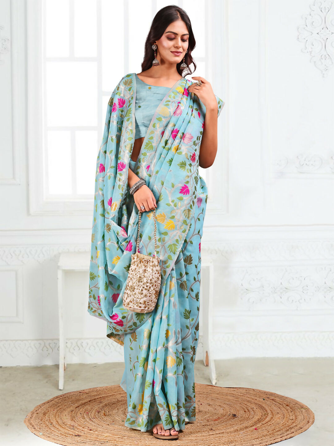 Sky Blue Linen Cotton Saree with Matching Blouse