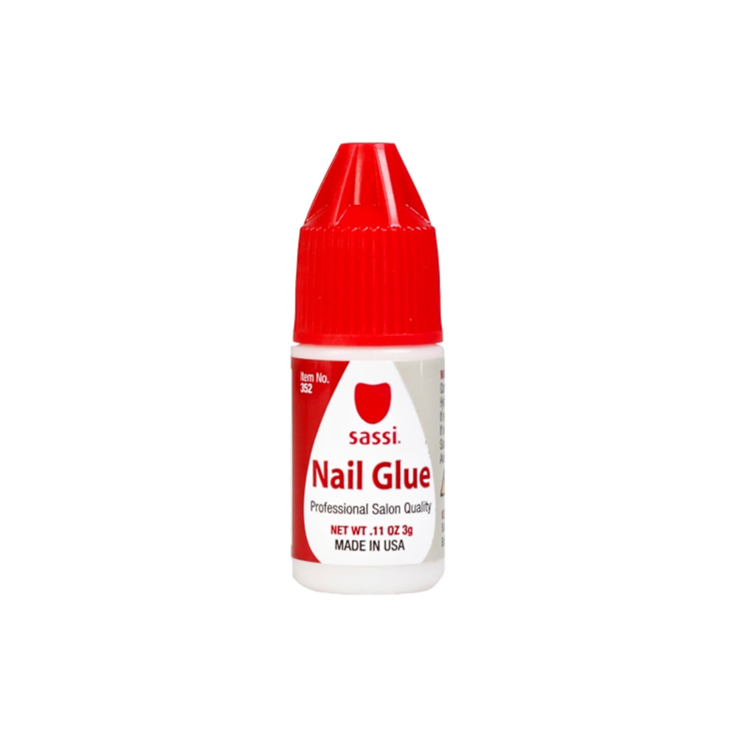 A 3g bottle of Sassi Professional Salon Quality nail glue in red and white packaging.