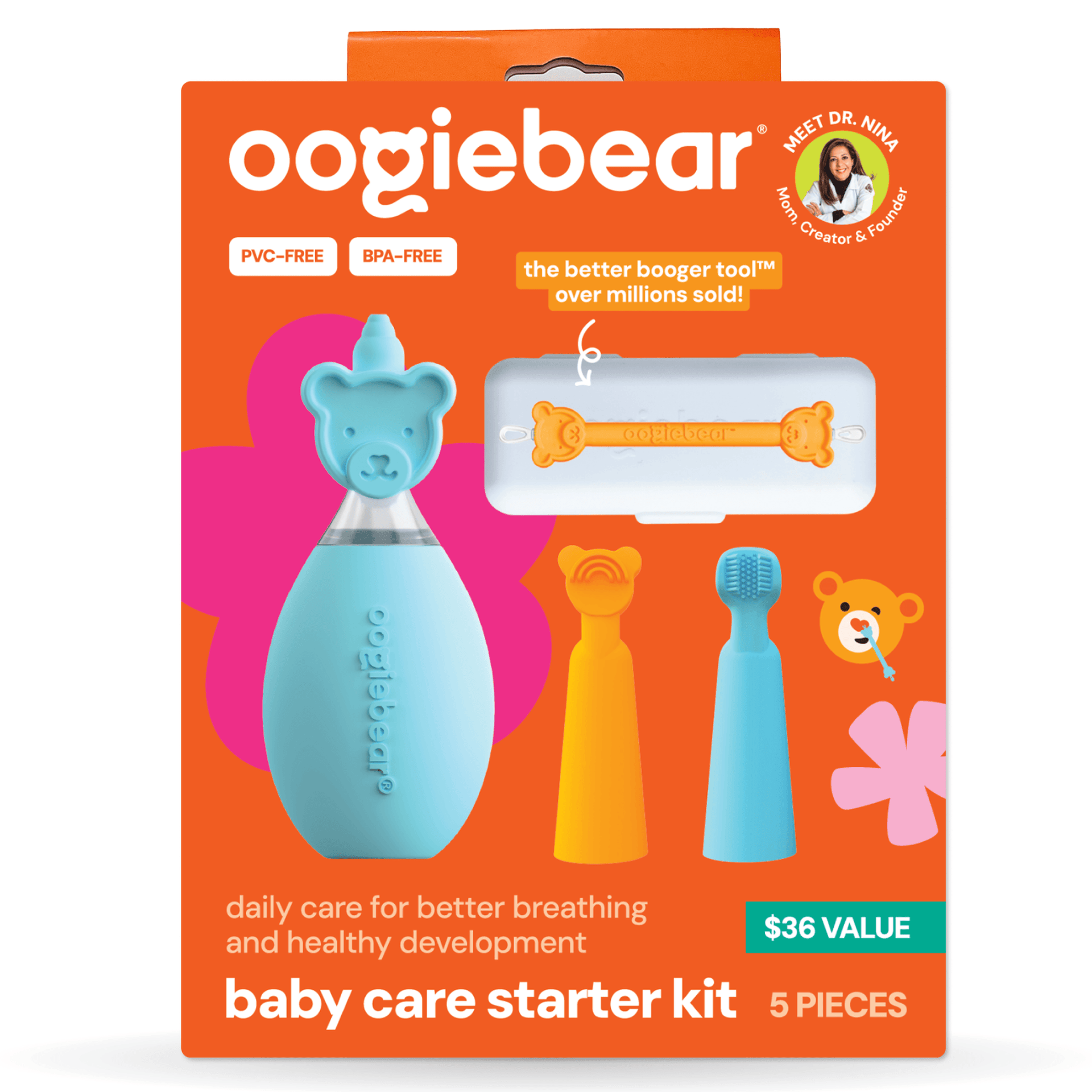 5-piece baby care kit including a nasal aspirator, ear picker, and storage case in blue and orange.
