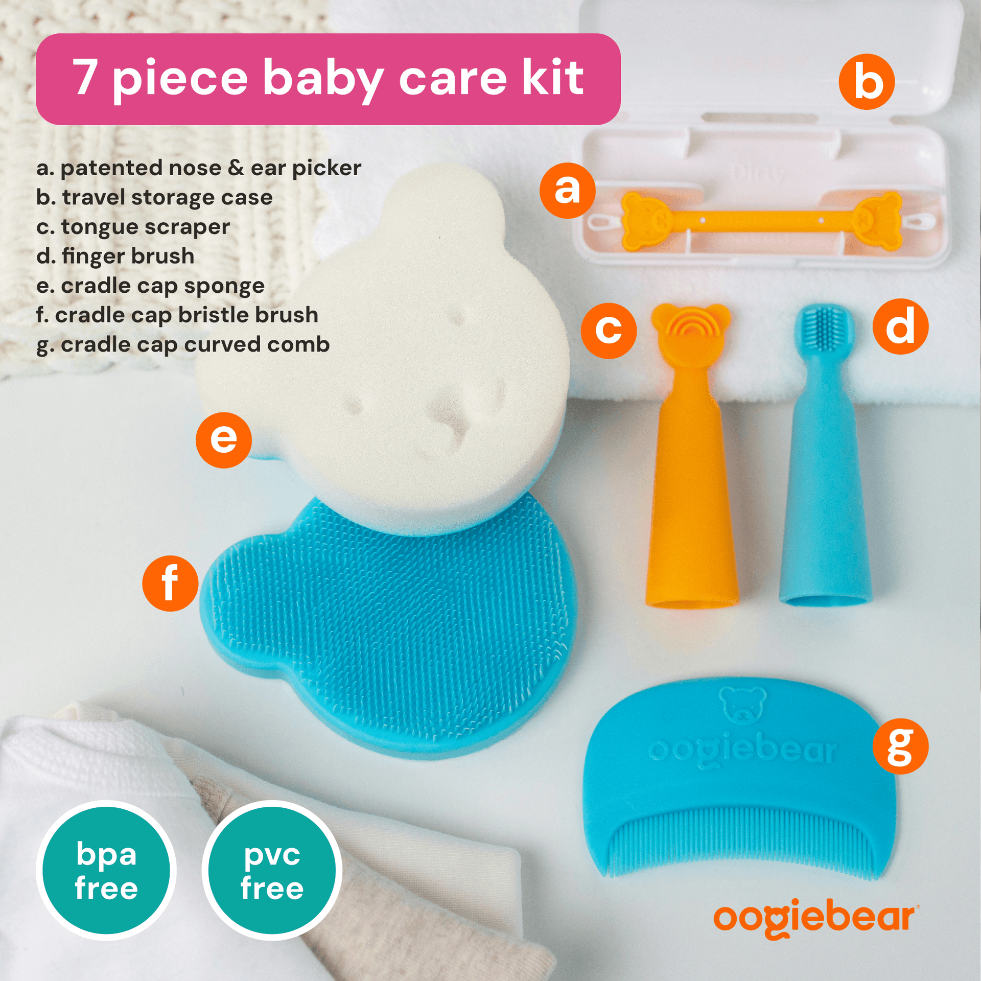 7-Piece Baby Essentials Daily Care Kit in Teal, Orange, White