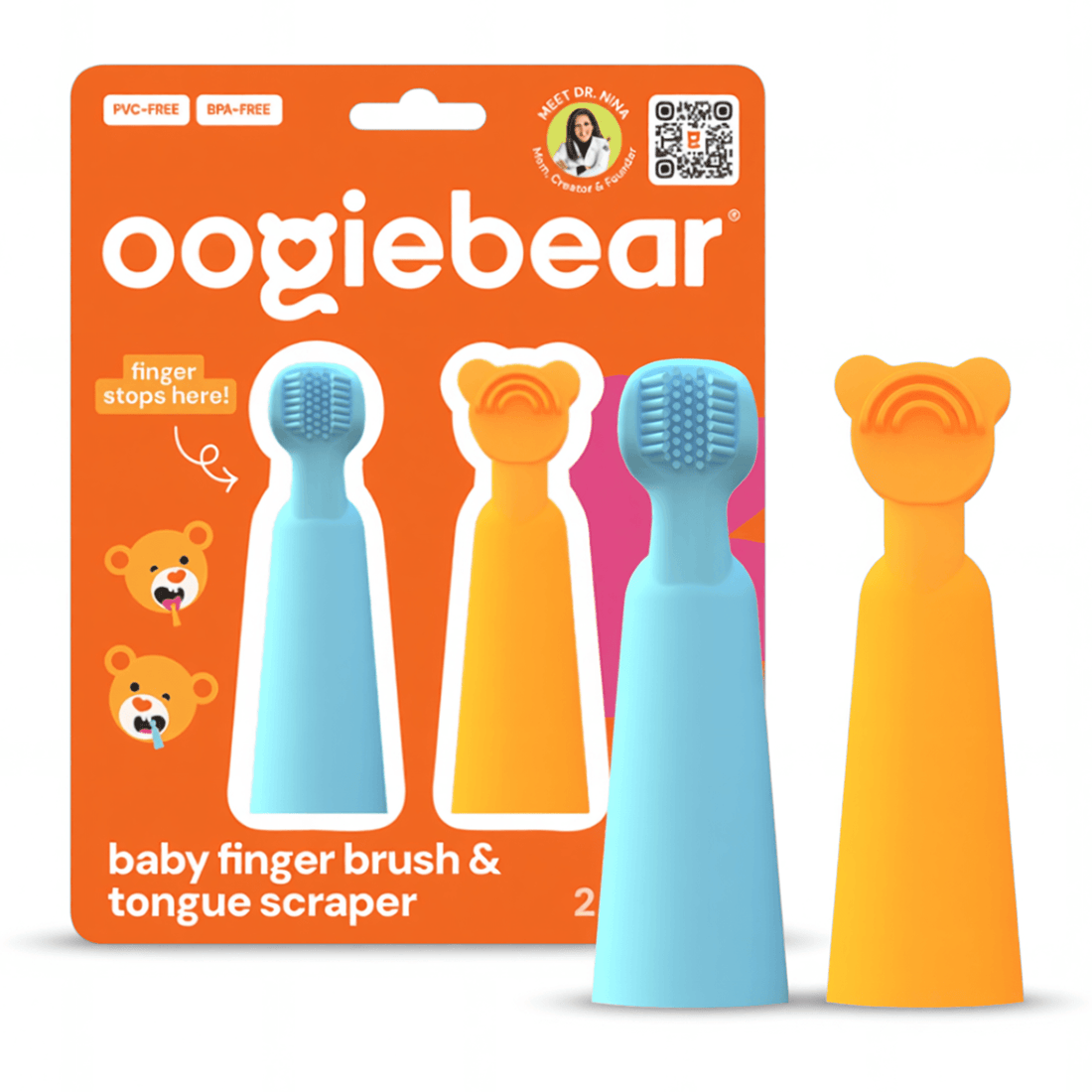 Blue and orange oogiebear baby finger toothbrush and tongue scraper set