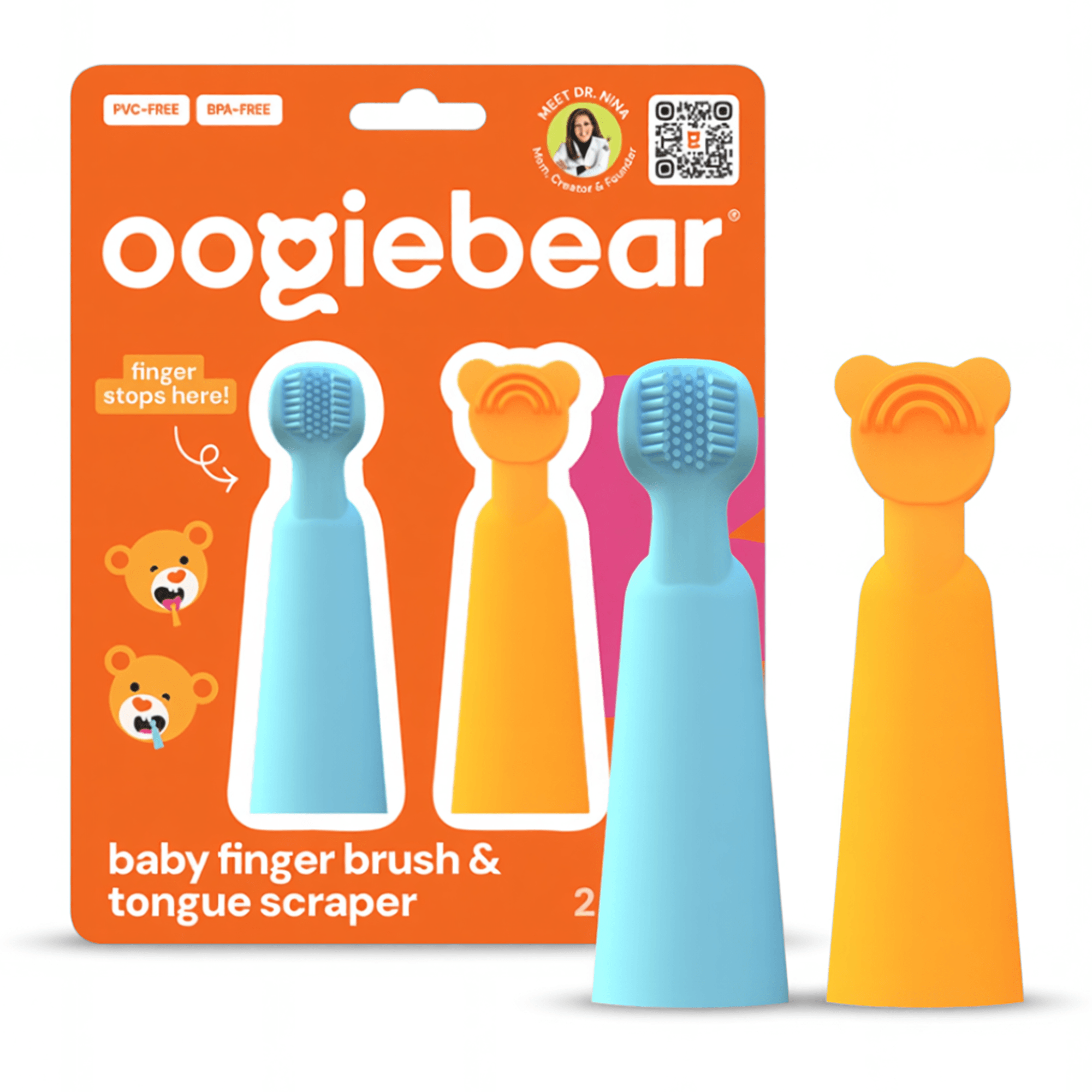 Blue and orange oogiebear baby finger toothbrush and tongue scraper set