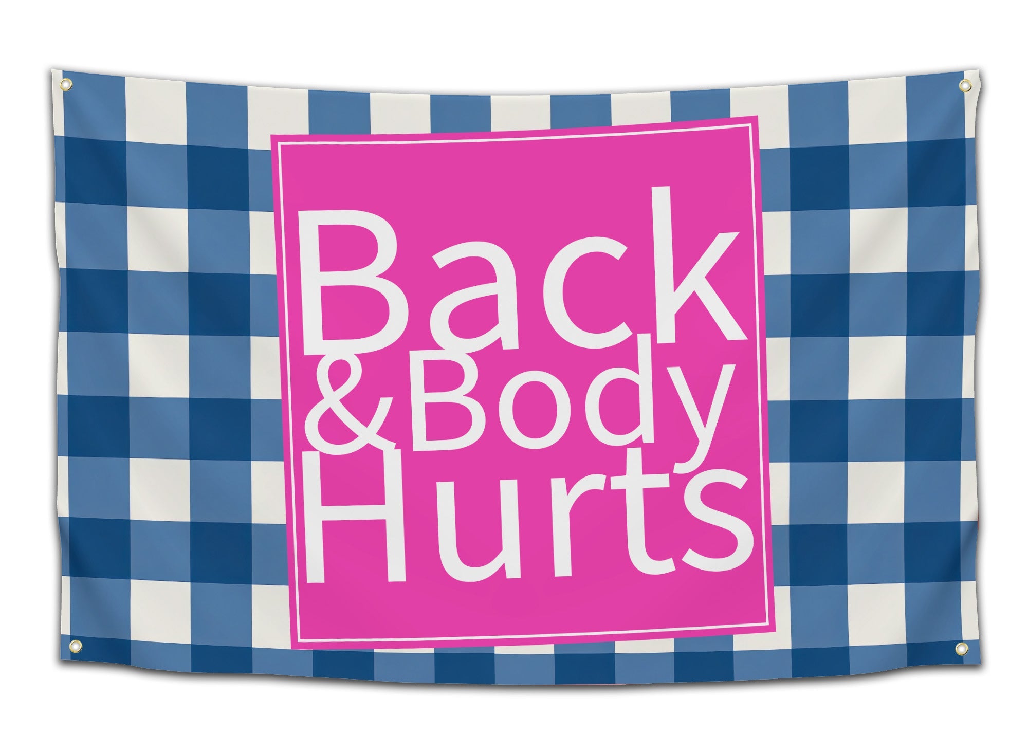 Blue, white, and pink Back & Body Hurts wall flag with plaid pattern