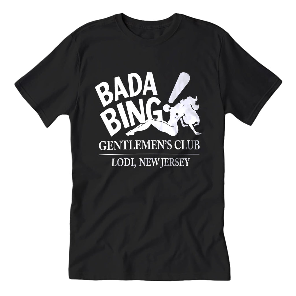 Close up of the Bada Bing Gentlemen's Club graphic on a high-quality cotton t-shirt