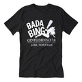 Close up of the Bada Bing Gentlemen's Club graphic on a high-quality cotton t-shirt