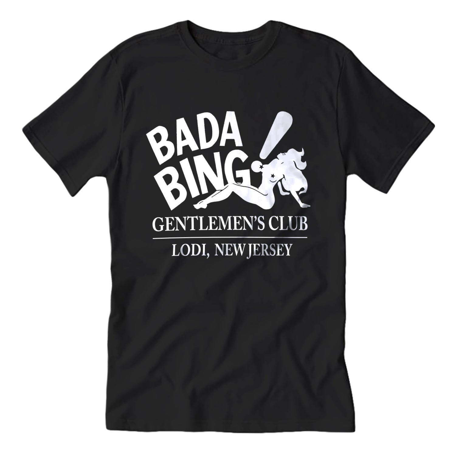 Close up of the Bada Bing Gentlemen's Club graphic on a high-quality cotton t-shirt