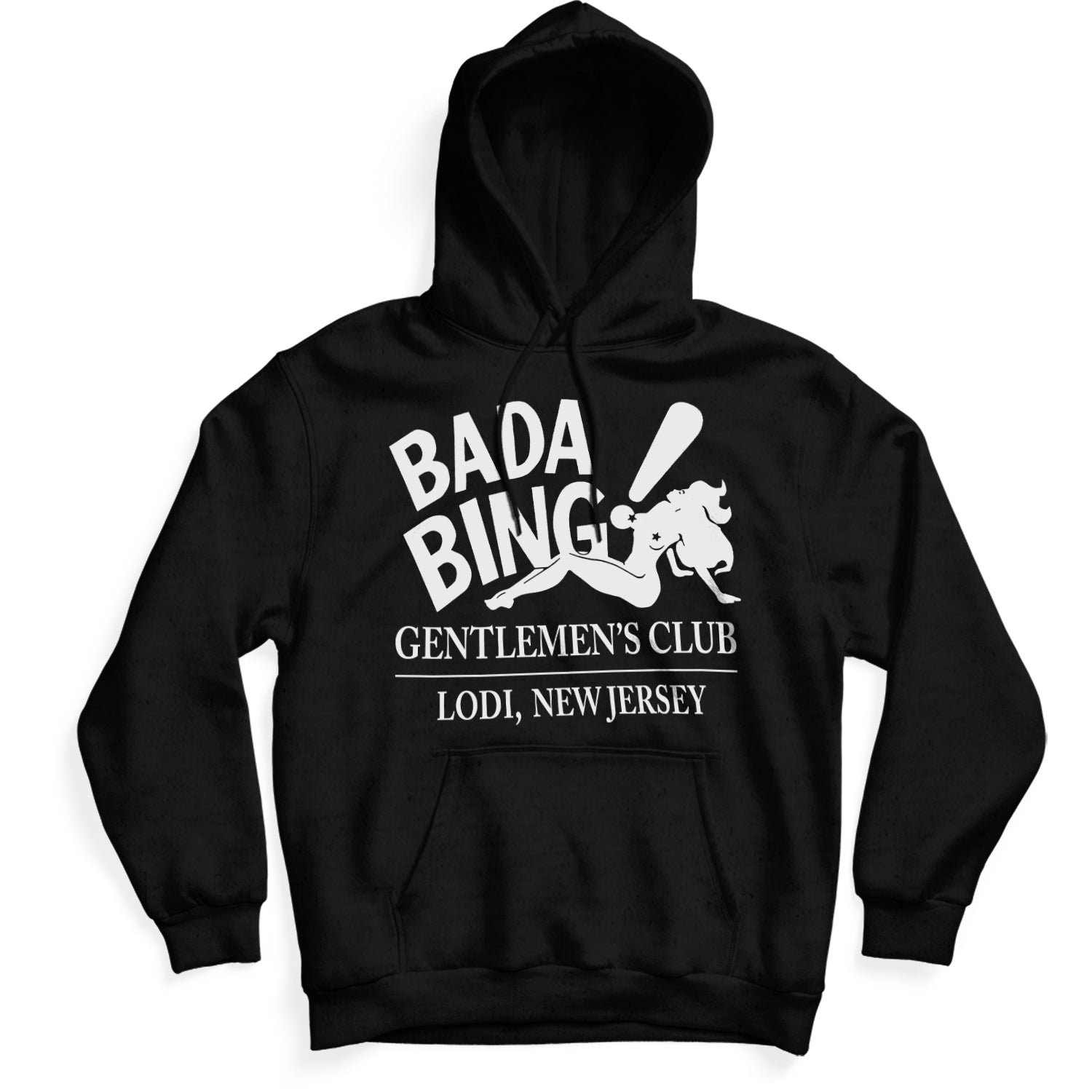 Bada Bing Gentlemen's Club hoodie featuring the iconic neon silhouette graphic on a premium pullover