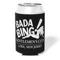 Black and white Bada Bing Gentlemen's Club collapsible can cooler on a neutral background.