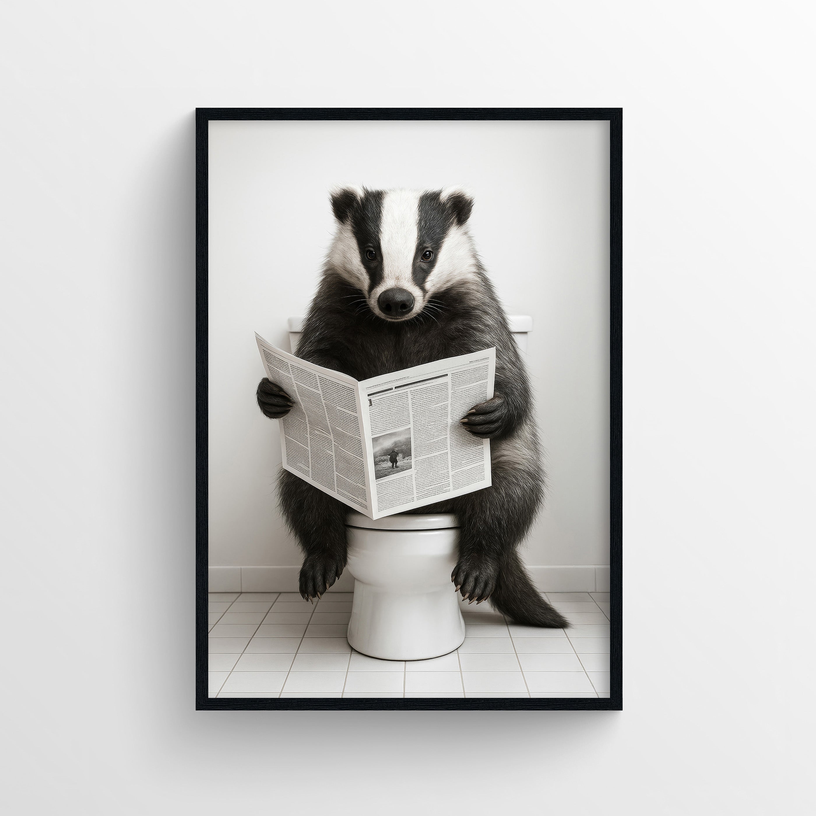 Photorealistic wall art of a badger sitting on a toilet reading a newspaper in a bathroom setting.