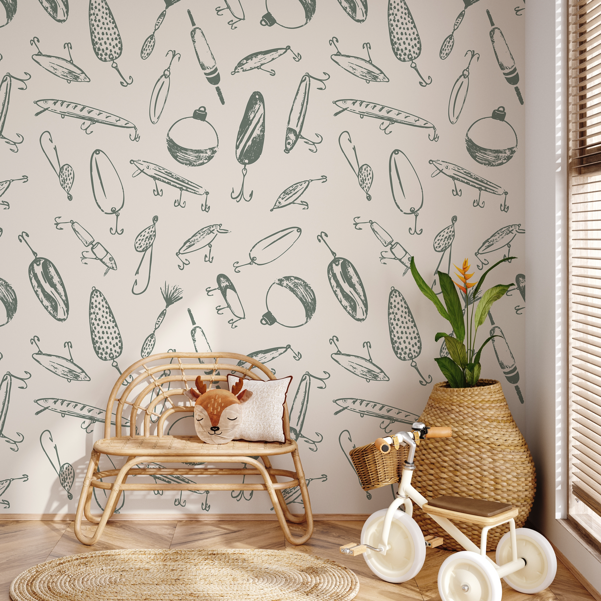 Bait wallpaper print by Kim Hallquist Designs in a decorated room