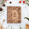 Bakery themed wooden recipe book with a natural finish