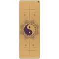 Tan, dark green, and purple Aura cork yoga mats showing fine-grain texture and eco-friendly design.