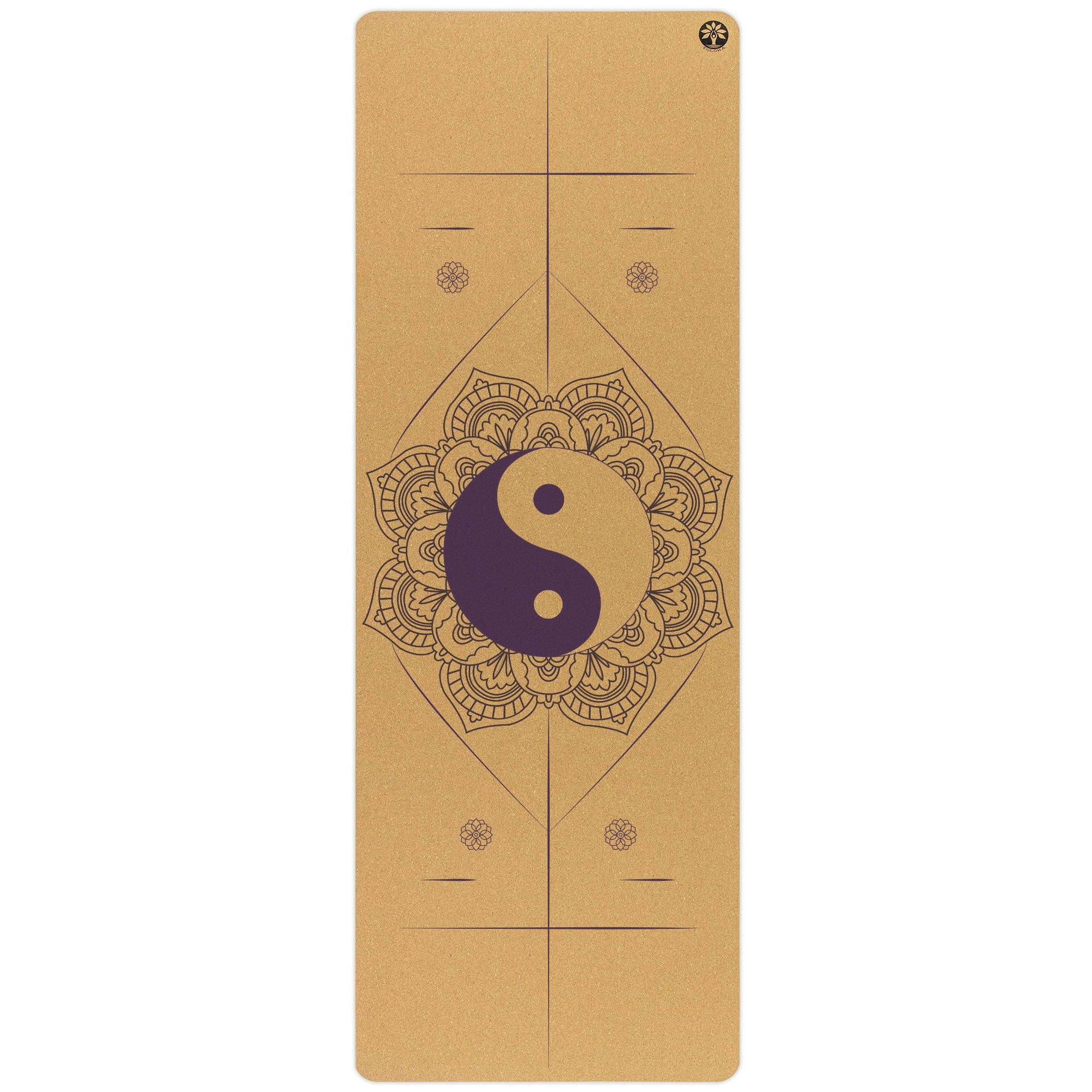Tan, dark green, and purple Aura cork yoga mats showing fine-grain texture and eco-friendly design.