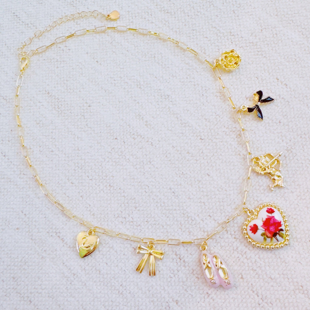 Ballet Garden Charm Necklace – Whimsical Gold Chain with Rose, Swan, Angel & Ballet Shoe Charms