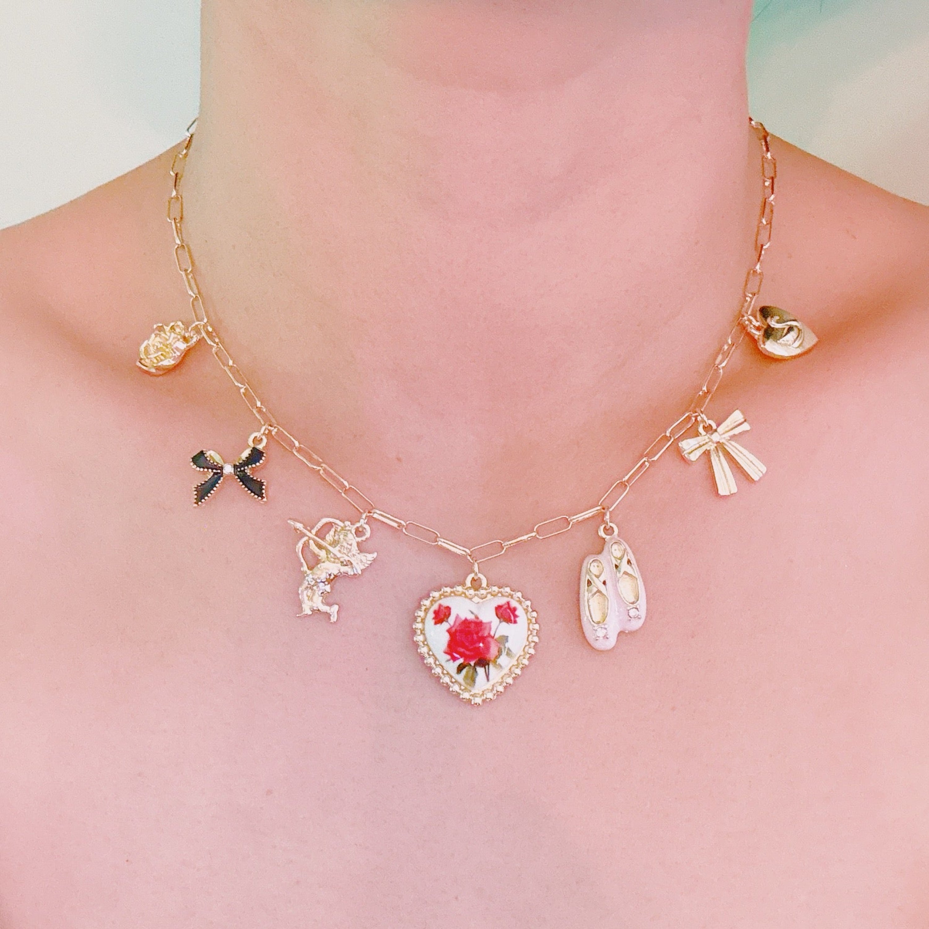 Ballet Garden Charm Necklace – Whimsical Gold Chain with Rose, Swan, Angel & Ballet Shoe Charms