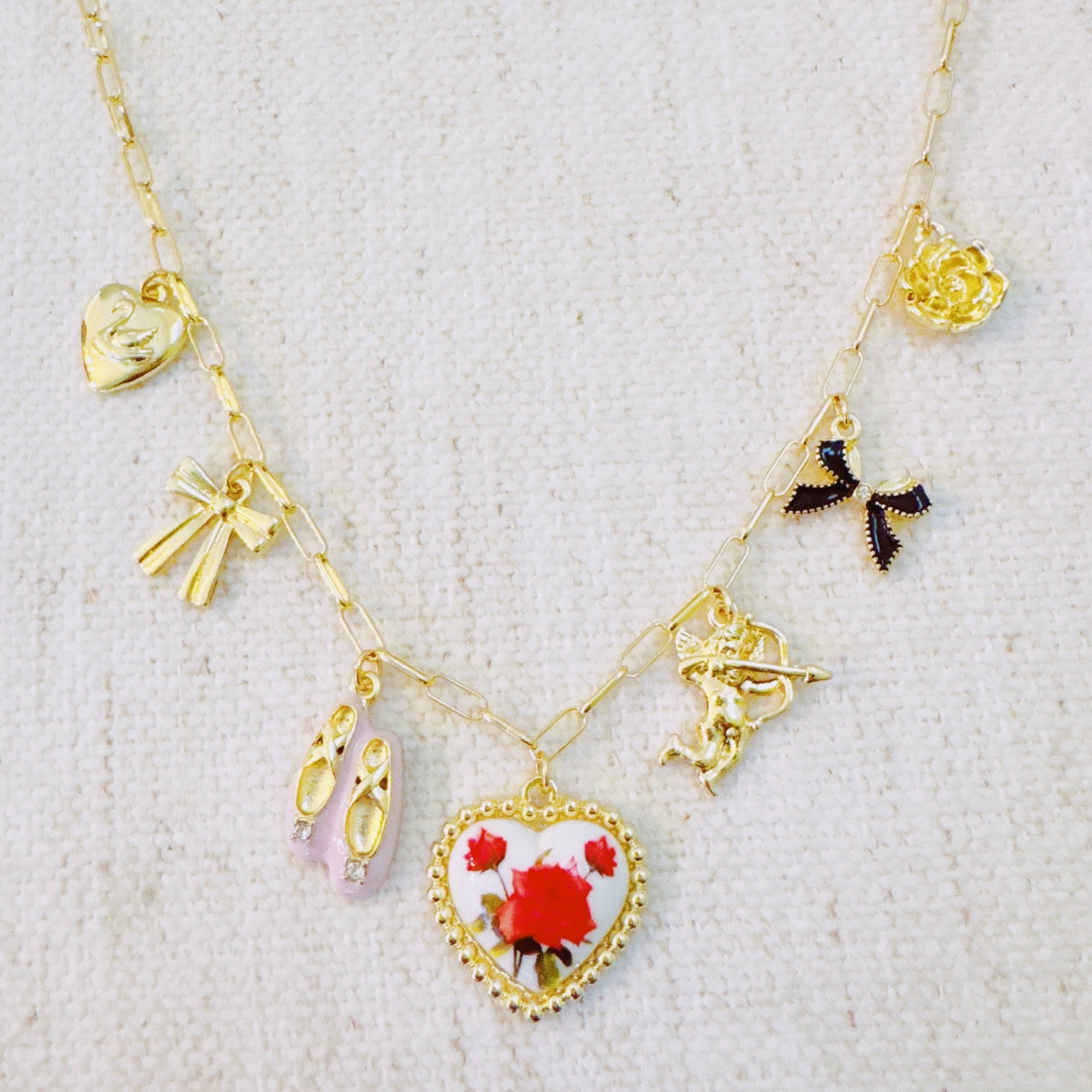 Ballet Garden Charm Necklace – Whimsical Gold Chain with Rose, Swan, Angel & Ballet Shoe Charms