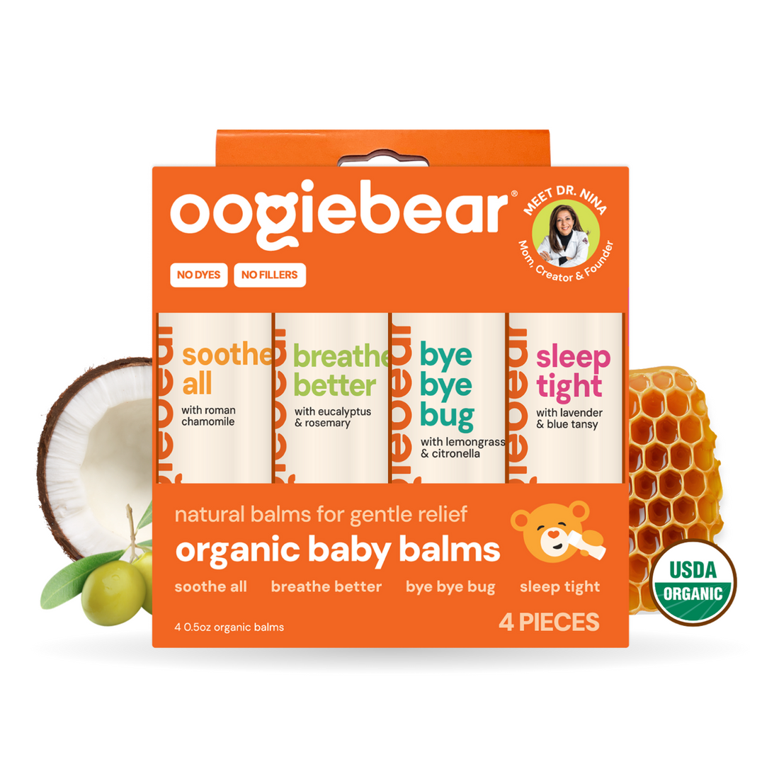 oogiebear four pack organic baby balm collection in orange and white packaging