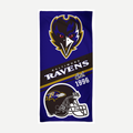 Baltimore Ravens velour beach towel featuring team logo, helmet, and Est. 1996 text on a purple, black, and gold background.