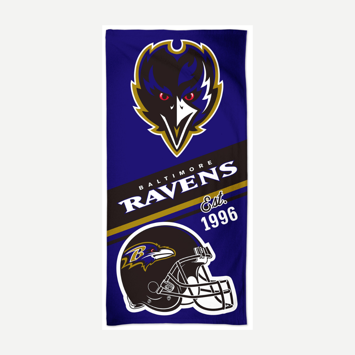 Baltimore Ravens velour beach towel featuring team logo, helmet, and Est. 1996 text on a purple, black, and gold background.
