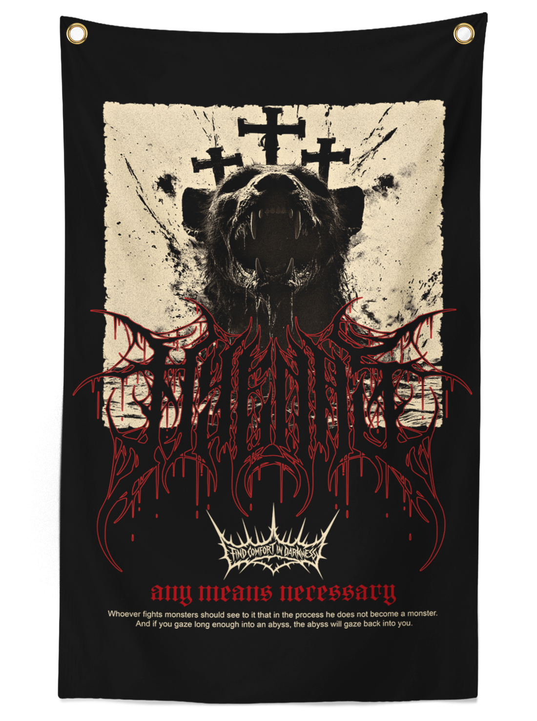 Abyss graphic banner featuring a bear with crosses and philosophical text, black background with red and cream accents, gold corner grommets.