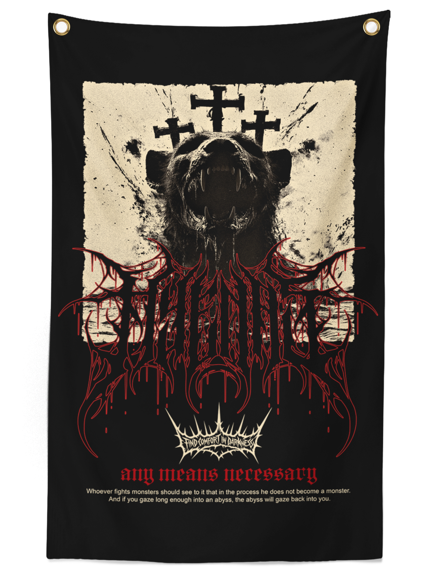 Abyss graphic banner featuring a bear with crosses and philosophical text, black background with red and cream accents, gold corner grommets.