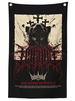 Abyss graphic banner featuring a bear with crosses and philosophical text, black background with red and cream accents, gold corner grommets.