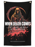A black wall banner featuring a grim reaper illustration with the text When Death Comes I'll Shake its Hand in red and white tones.