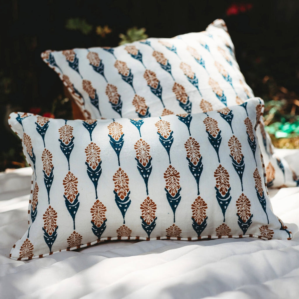 Bahaar Lumbar Throw Pillow Cover in Ginger & Blue Linen