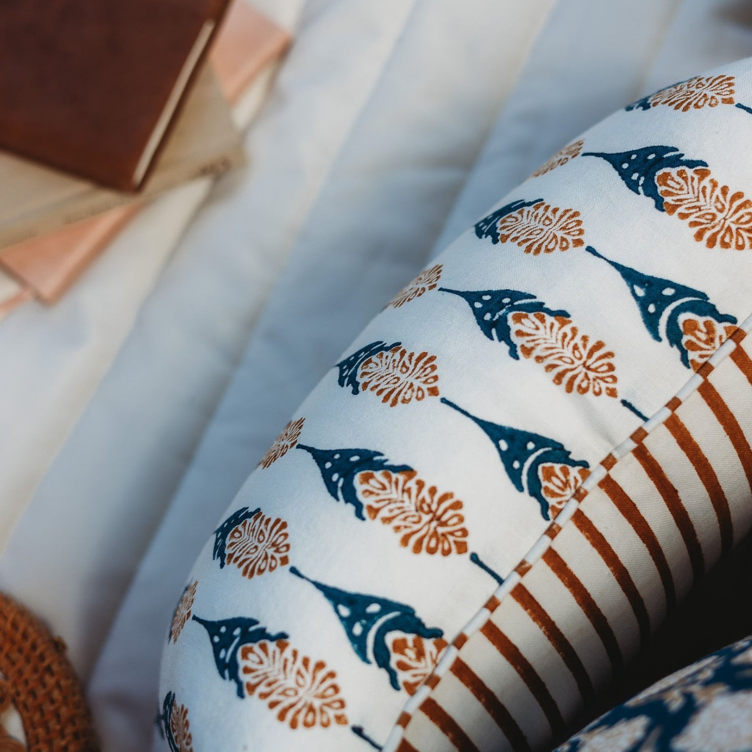 Bahaar Hand-Block Printed Linen Throw Pillow Cover, Ginger & Blue