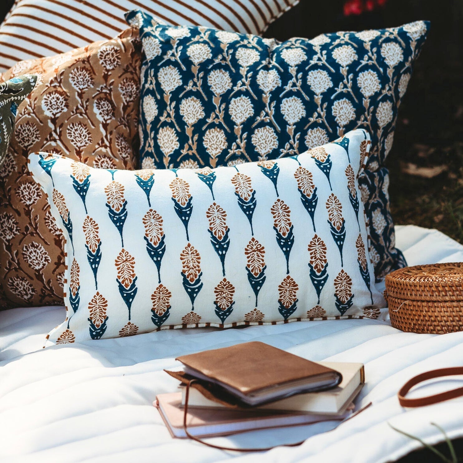 Bahaar Lumbar Throw Pillow Cover in Ginger & Blue Linen