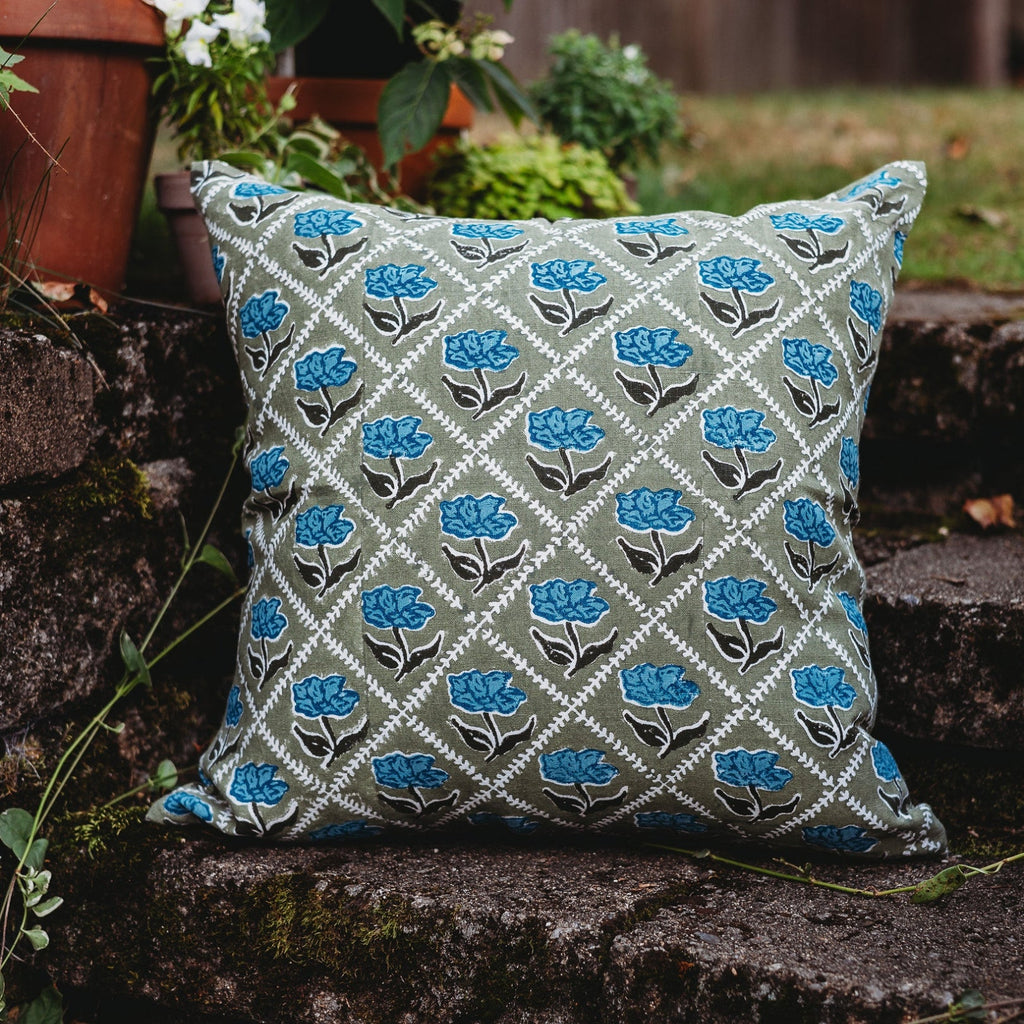 Noor Floral Linen Throw Pillow Cover in Olive and Blue