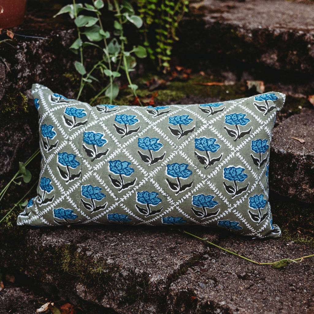Noor Floral Linen Lumbar Throw Pillow Cover in Olive & Blue