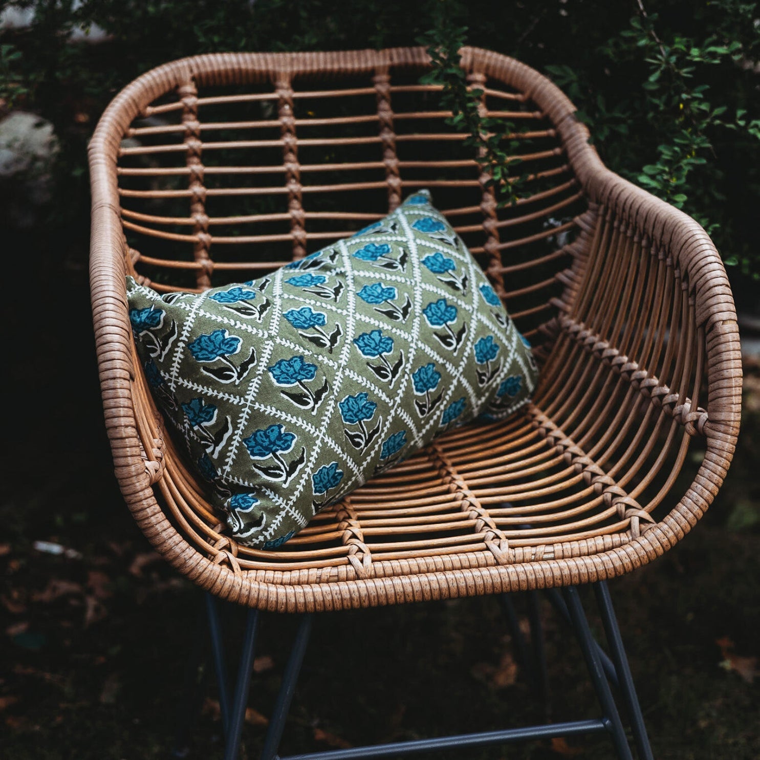 Noor Floral Linen Lumbar Throw Pillow Cover in Olive & Blue