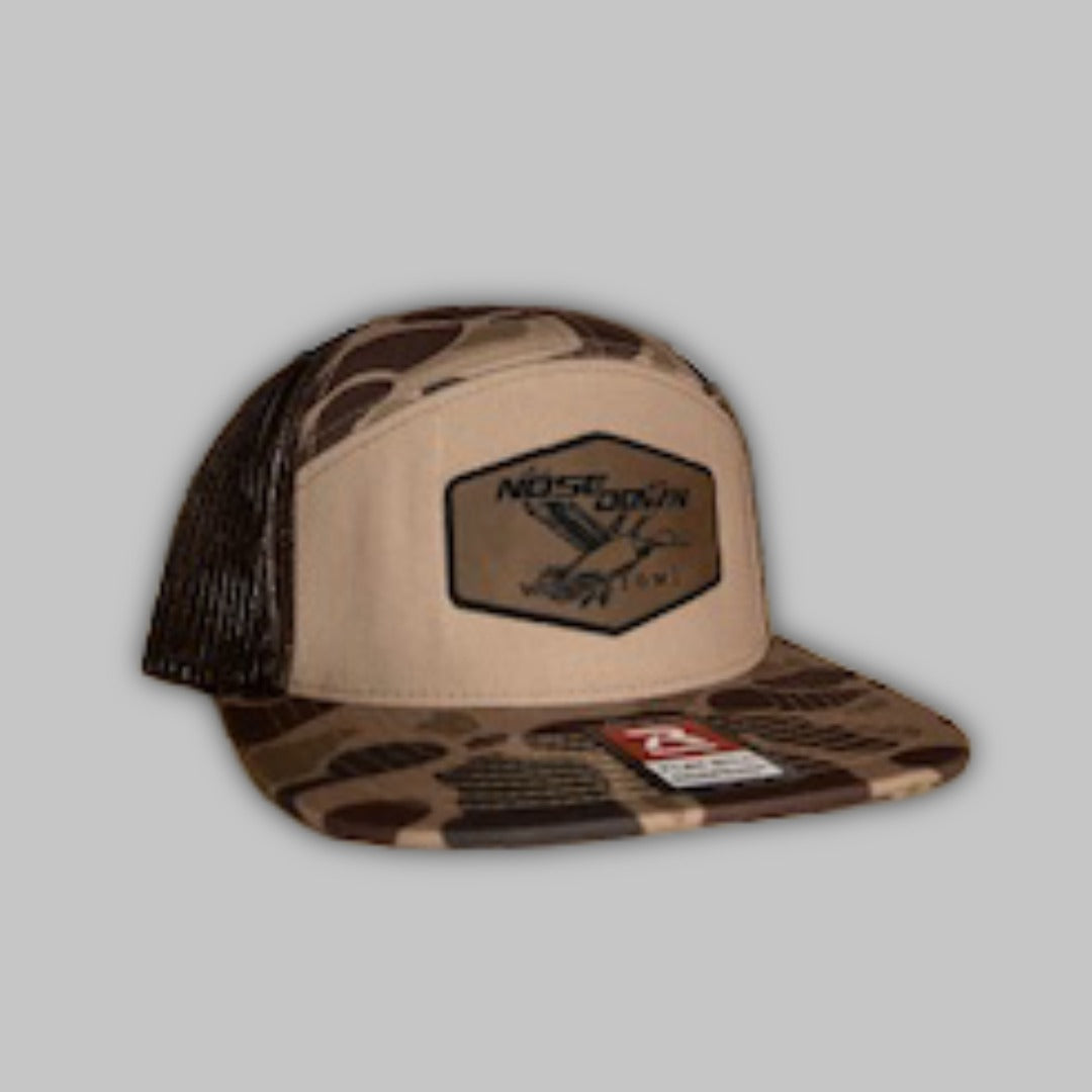 Flying Mallard 7 panel flat bill camo hat in tan and brown