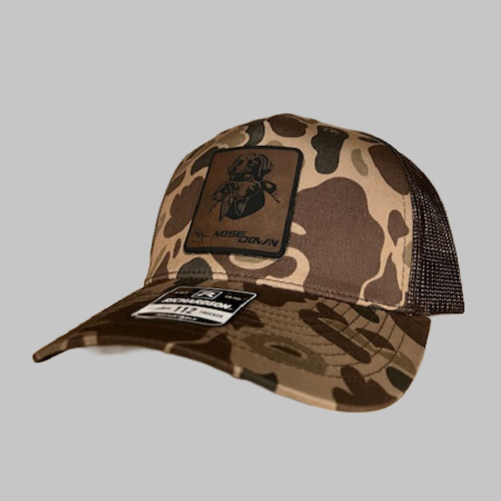 Lab Duck Dog graphic trucker hat in camo colors
