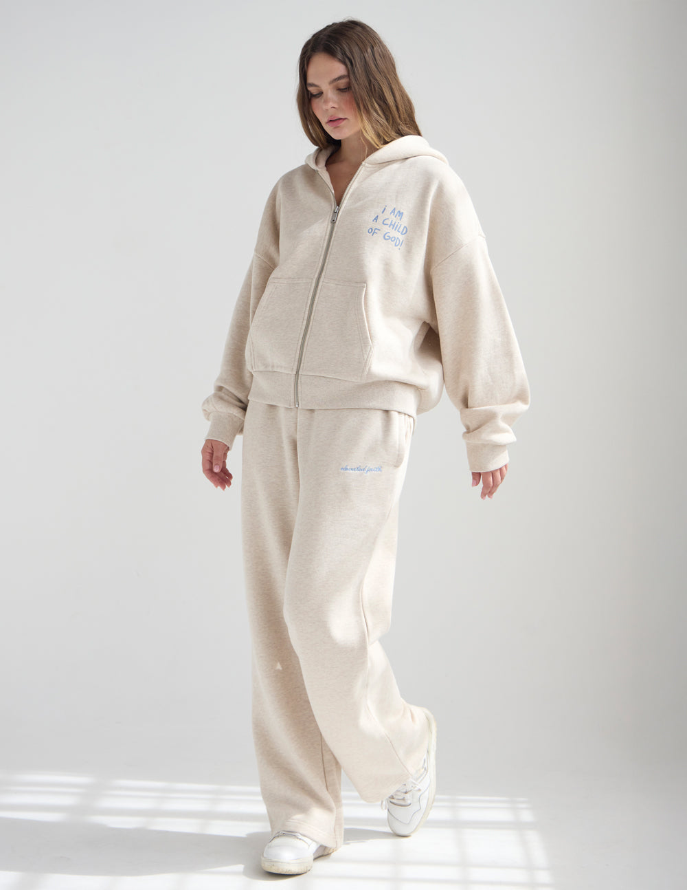 Women's wide leg sweatpants in eggshell cream color made from premium knit cotton