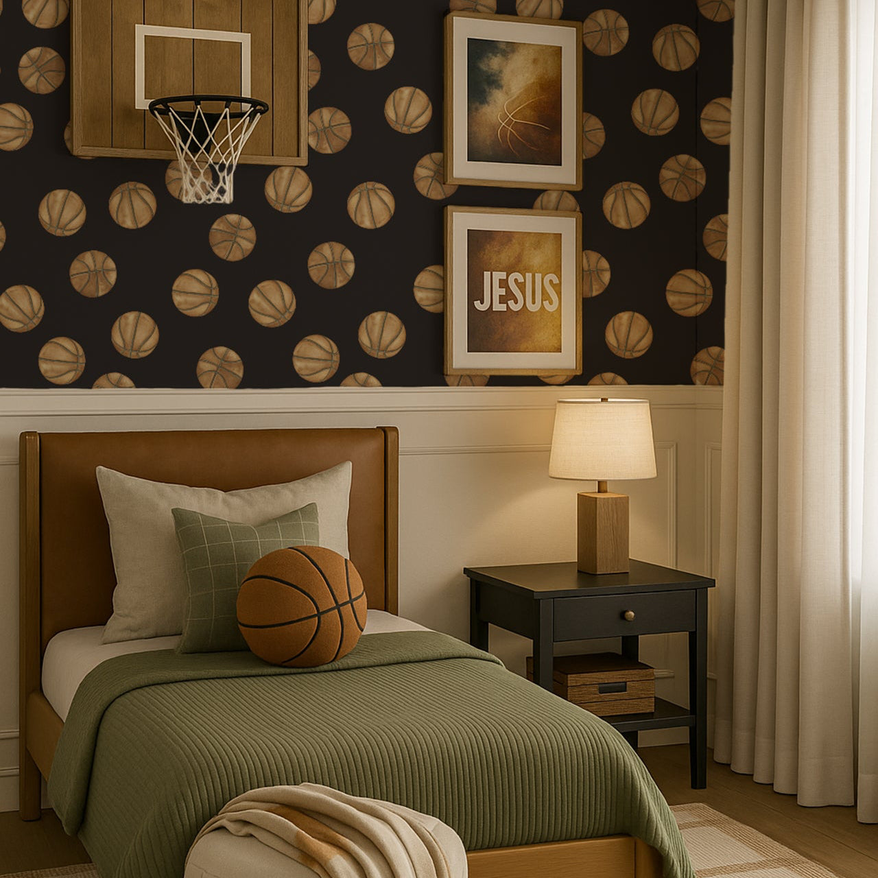 Knox Wallpaper design by Hailey Kiefer applied as a feature wall in a modern living room.